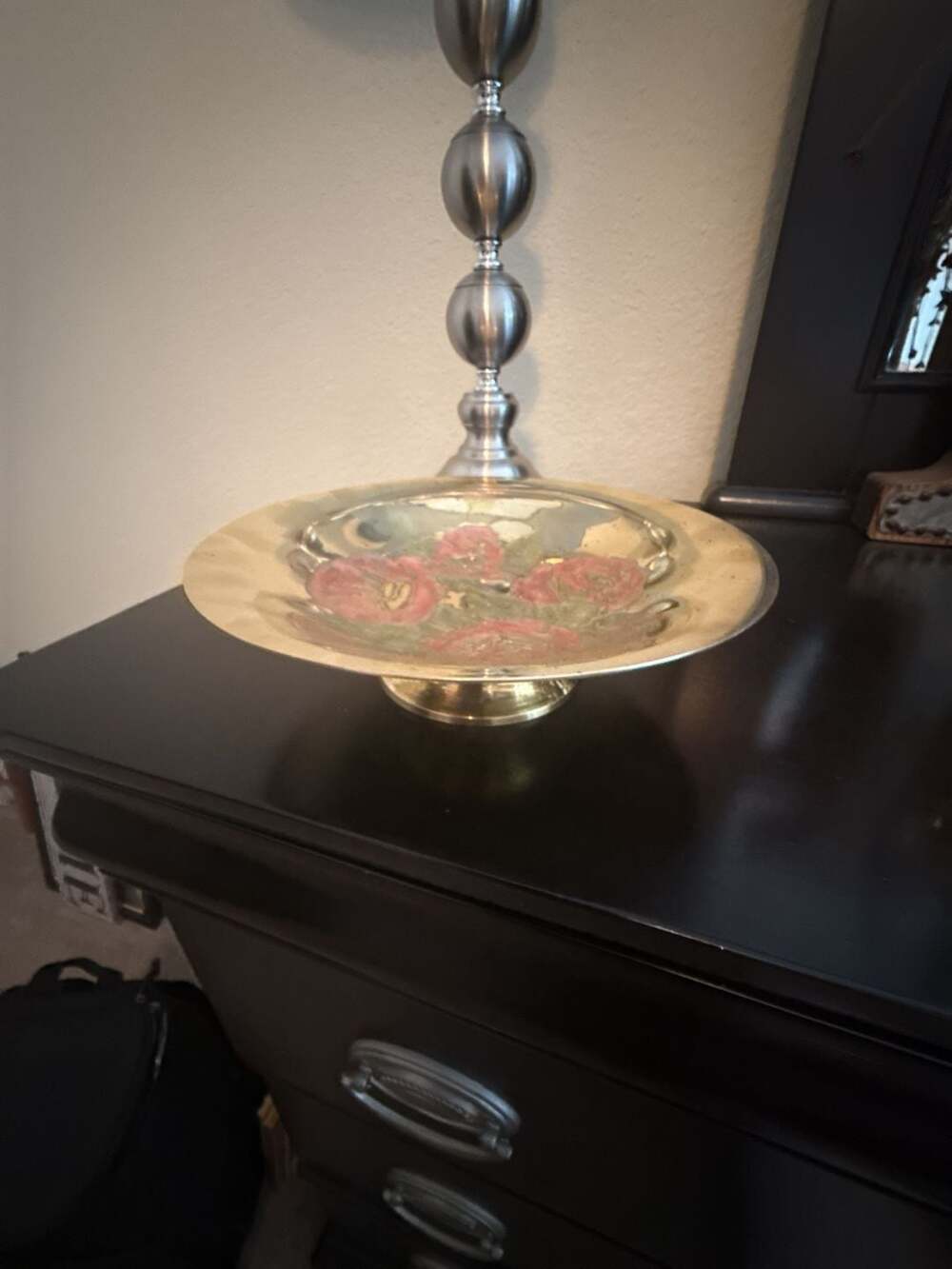 Vintage Hand Painted Enamel Pink Roses Brass Footed Pedestal Bowl
